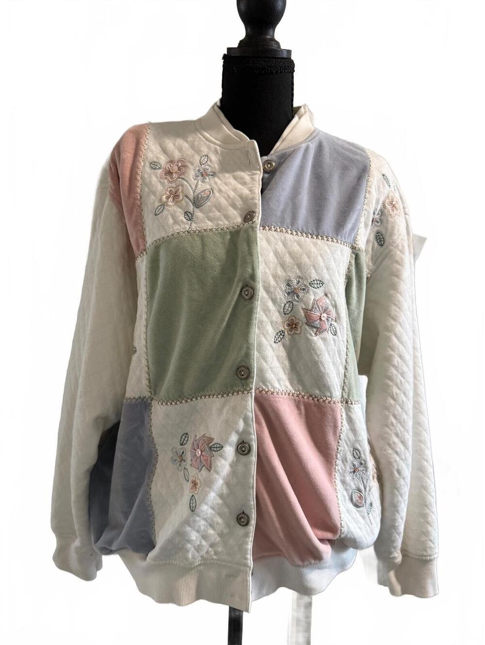Alfred Dunner Quilted Patchwork Embroidered Jacket Pastel Floral Large